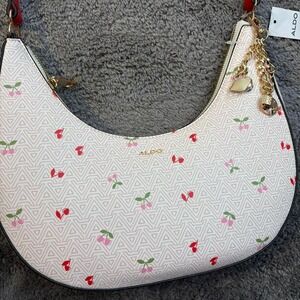 Cute White and Pink ALDO Cherry Shoulder Bag With Gold Charms